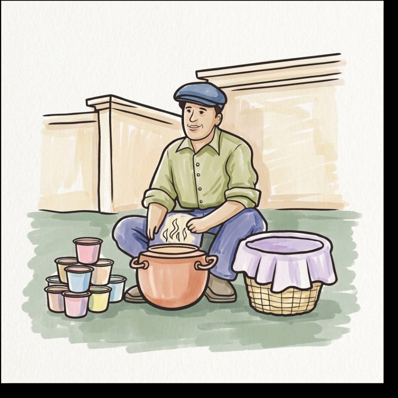 Sample page: a street vendor in a flat cap crouches beside a steaming clay pot, stacked paper cups and a covered basket